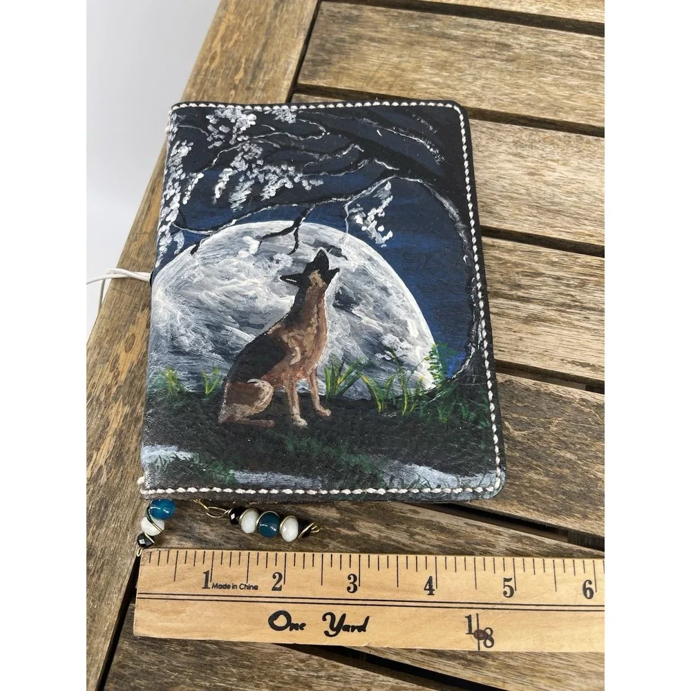 Hand Painted Leather Journal Wolf Moon Handmade Notebook Sketchbook